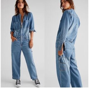 NWT Free People x Sandrine Rose Denim Zip Up Baggy Jumpsuit Seventy Wash XS